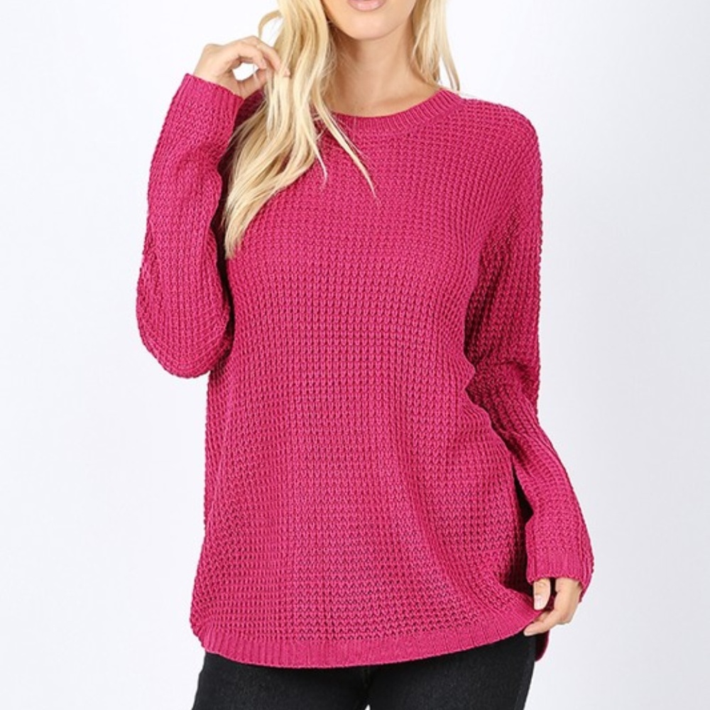 LONG SLEEVE ROUND NECK HIGH-LOW WAFFLE SWEATER